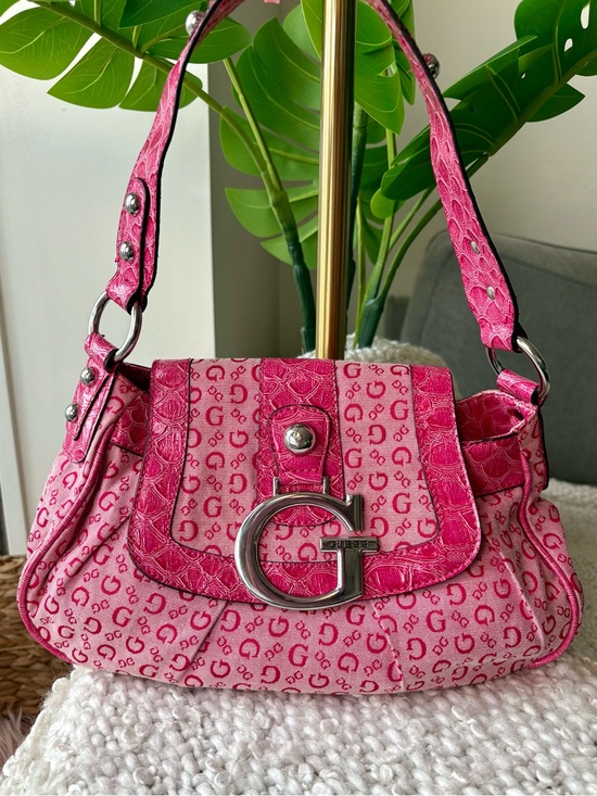 Guess Handbags - RARE Vintage Y2K GUESS Hot Pink Monogram Croc Shoulder Bag Big G